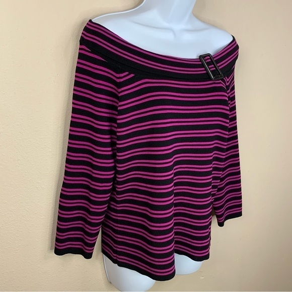 Cable & Gauge Fuchsia Pink Black Striped Knit Blouse Off Shoulder Large - Picture 2 of 8